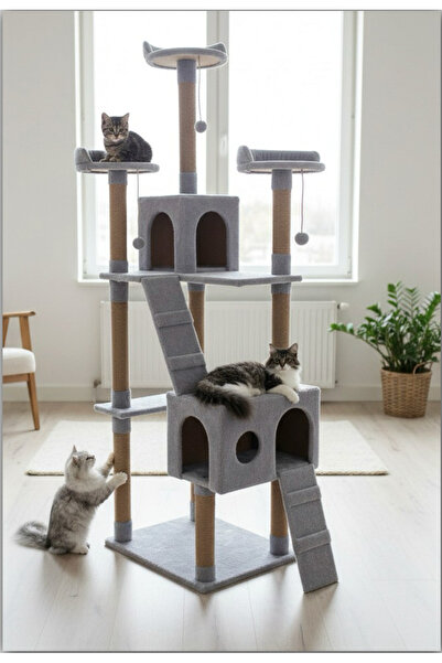 Nursoft Cat City 3 Katlı 2 Yuvalı Dayanıklı Kedi Oyun Evi ve Kedi Tırmalama T...