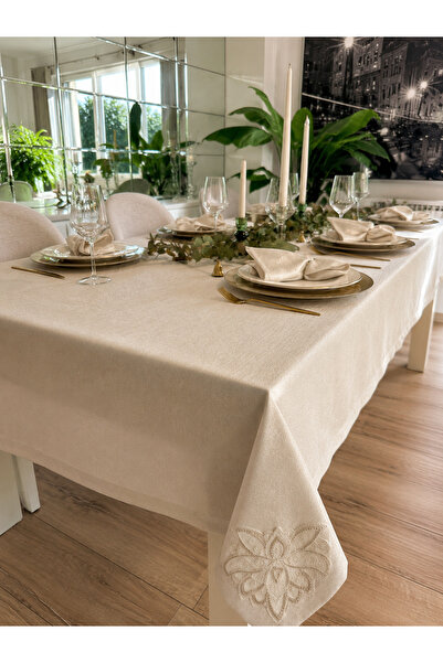 Decamor home Royal Gold Simli Köşe Fransız Dantelli Ekru Masa Örtüsü(PEÇETE D...