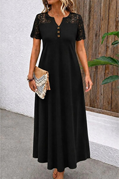 Generic Brand Women's Short Sleeve Lace Button Detailed Long Waffle Dress
