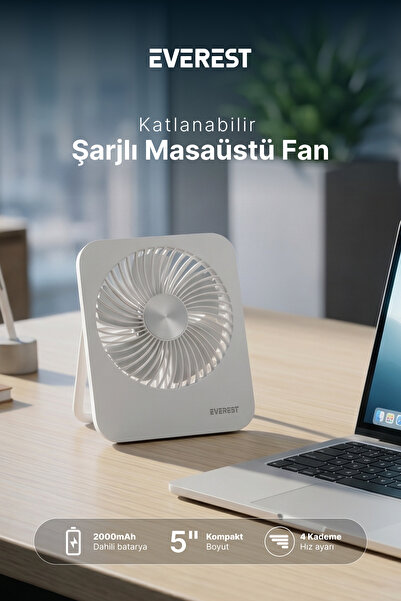 Everest Efn-601 Beyaz 2000Mah 4 Kademeli 4000Rpm Hız Metal Ayak Masaüstü Usb Fan