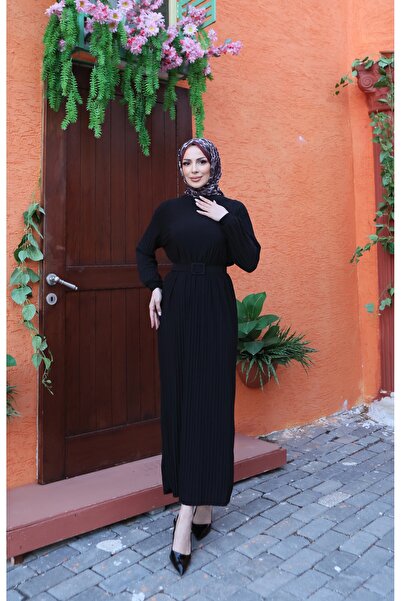 NİSUM MODA KOMPLE PİLİSELİ VE KEMERLİ UZUN ELBİSE