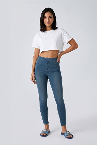 Bluewhite Pantaloni de damă cu talie înaltă elastică, albastru, pantaloni de ...