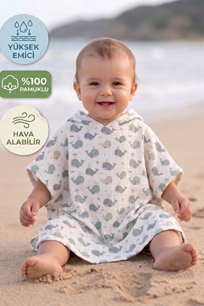 Babyiz Organik %100 Pamuk Müslin Desenli Çocuk Panço - Kapüşonlu Deniz, Havuz ve Banyo Havlusu