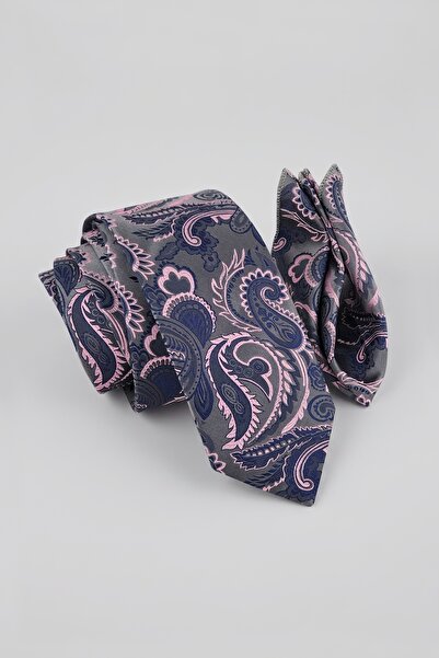 Milleniva Shawl Patterned Gray Pink Tie & Handkerchief