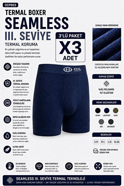 OIL COMPANY Termal Lacivert 3'LÜ Boxer Seamless III. Seviye