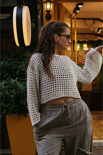 Oiki Krem Delikli Örgü Boho Crop Yazlık File Triko Delikli Bluz