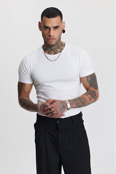 Buteks Beyaz A Kalite Pamuklu Slimfit Dar Penye Likralı Body T-Shirt