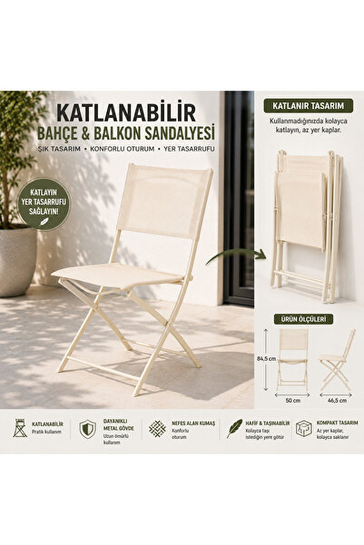 Altınkayaticaret Katlanabilir Bahçe ve Balkon Sandalyesi Krem Renk Çelik Gövd...