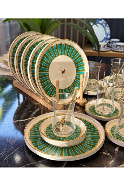 Onedekor 18 Parça Modern Piano Bird Green Pasta Çay Saati Seti