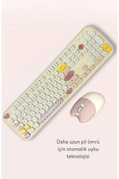 Geezer Kablosuz Klavye Ve Mouse Set 100 Tuşlu Retro Ve Şık Daktilo Renkli Tuş Tarzı Türkçe Q Klayve