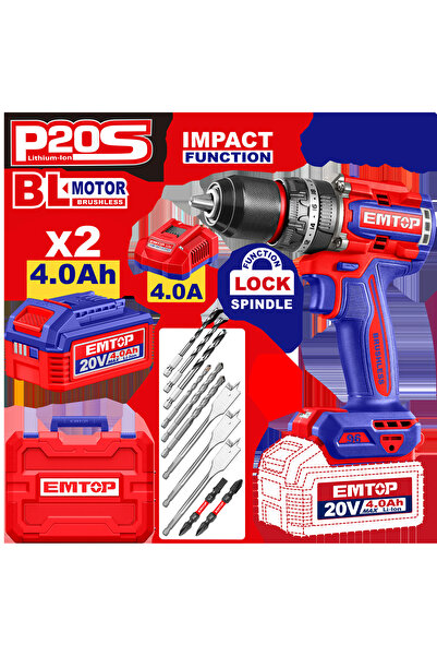 EMTOP AKÜLÜ KÖMÜRSÜZ MOTOR METAL MANDREN DARBELİ MATKAP 20 V 4.0 AH 96 NM