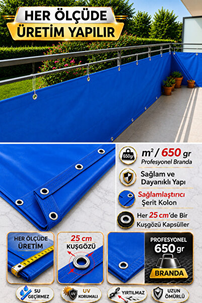Branda Noktası Mavi Balkon Brandası - 650 gr PVC Polyester - Kuşgözlü ve Kolo...