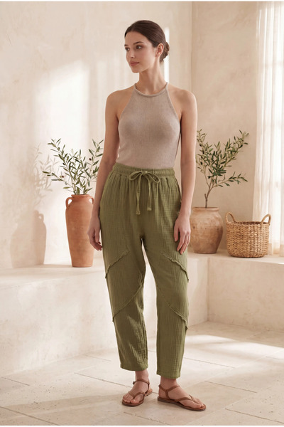 EGE OTANTİK BULDAN Women's Muslin Casual Trousers with Dirty Stitch Detail