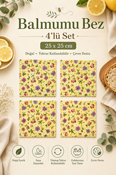 4’lü Balmumu Gıda Saklama Bezi 25x25 cm – %100 Pamuk, Yıkanabilir ve Tekrar Kullanılabilir