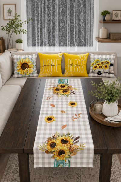 Bebişim Halı Sunflower and Plaid Patterned Decorative 4-Piece Throw Pillow Co...
