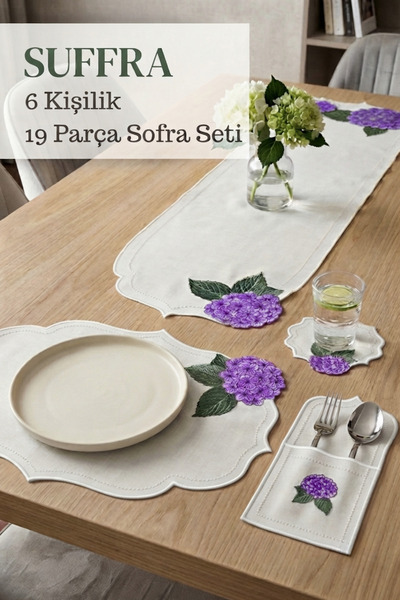 SUFFRA 6 Kişilik Mor Ortanca Desenli Nakışlı 19 Parça Sofra Seti