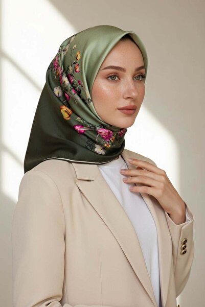 Vissona %100 Twill İpek Sonsuz Çiçek Desenli Haki Renkli 90x90 Eşarp Dikim Şe...