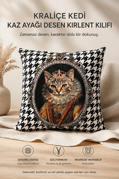 KIRLENT EV Kraliçe Kedi Kaz Ayağı Desen Kırlent Kılıfı