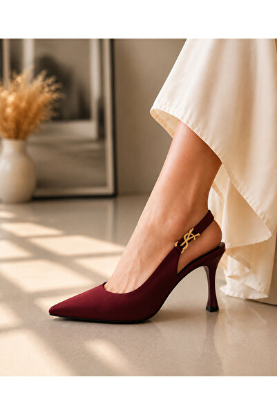 moon glow Women's Burgundy Cherry Color Pointed Toe Thin Heeled Shoes with An...