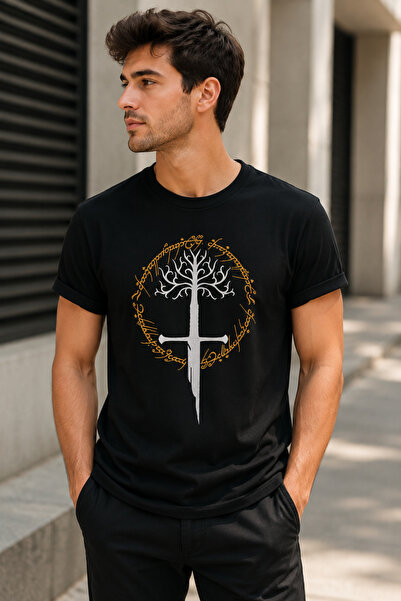 remonz LOTR Gondor Ağacı ve Narsil Kılıcı Baskılı Unisex Regular Siyah Tişört...