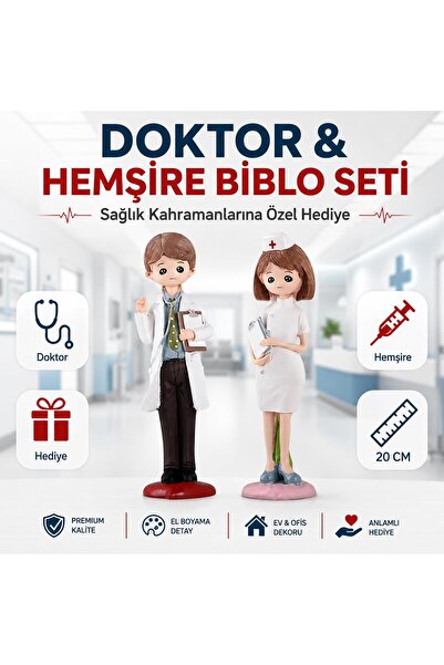 e-life shop Lüks Polyester Doktor & Hemşire Biblo 2’li Set 20 cm Dekoratif He...