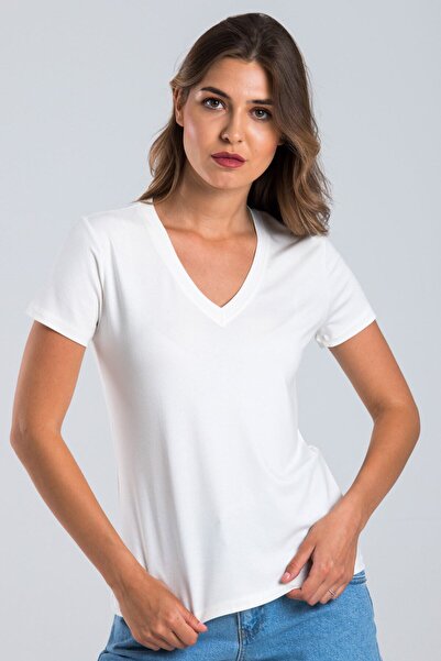 CAYA Ženska majica kratkih rukava u boji ekru sa V-izrezom Viskoza T-shirt