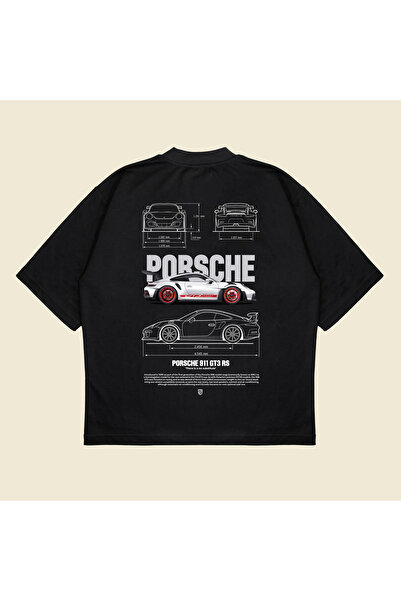 Tarzsokak Gray Porsche 911 Baskılı Oversize Unisex Pamuklu Nefes Alan Kalın K...