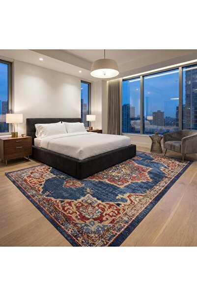 Carpettex Lacivert Klasik Desenli Dijital Baskılı Kaymaz Tabanlı Halı Dijital Baskı Halı 7 mm Kaymaz Taban