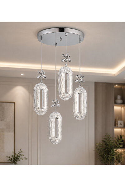 EY-EL TASARIM 4 LÜ DEFNE 3 RENK MODLU KRİSTAL TAŞLI LEDLİ SARKIT AVİZE