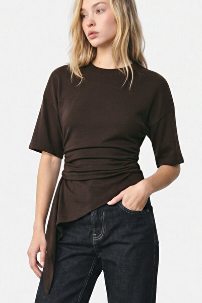 VODENS Coffee-Colored Short Sleeve Gathered Waist Blouse 95% Cotton