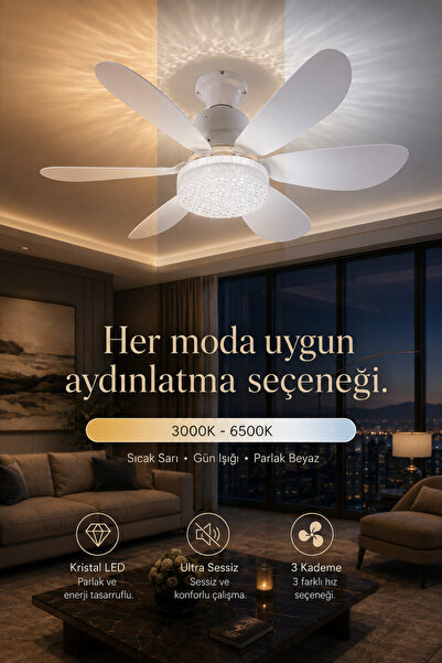 evona Feny Tavan Vantilatörü Kristal LED Aydınlatmalı Kumandalı Sessiz 6 Kanatlı 3 Kademe Hız Fan