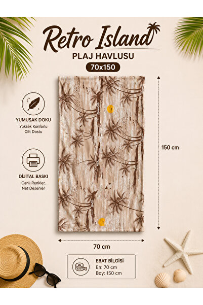 TEXTİLES MAGİC LAMP Beach Towel 70X150 cm Retro Island Beige – Soft Textured, Water Absorbent, Digital Printed Beach Towel