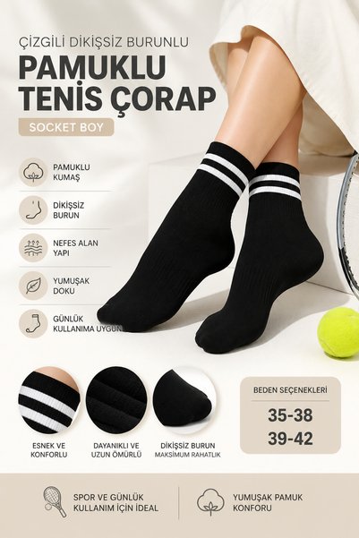 Farve Women's Striped Seamless Toe Cotton Tennis Socks Socket Length Black