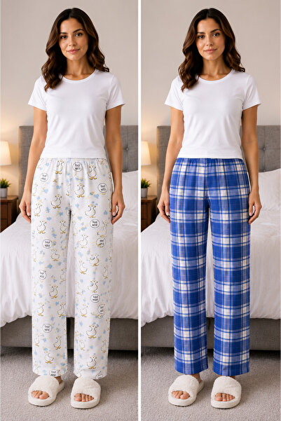 MODABOX 100% Cotton Combed Single Jersey Double Set of 2 Women's Pajama Bottoms