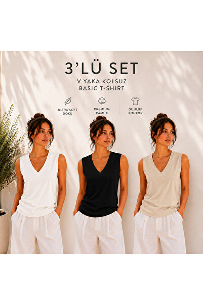 Hayalet Kadın V Yaka Kolsuz T-Shirt Ultra Soft Basic Bluz - Loose Fit/Bol Kesim