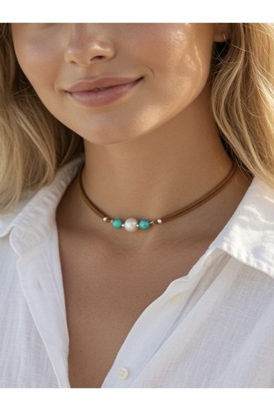 Kutcha Accessories Kahverengi Süet İpli İnci ve Turkuaz Doğal Taşlı El Yapımı...