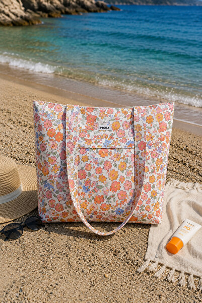 MIORA BAG Çiçek Desenli Ön Cepli Plaj Çantası- Duck Kumaş- Su İtici Özellikli