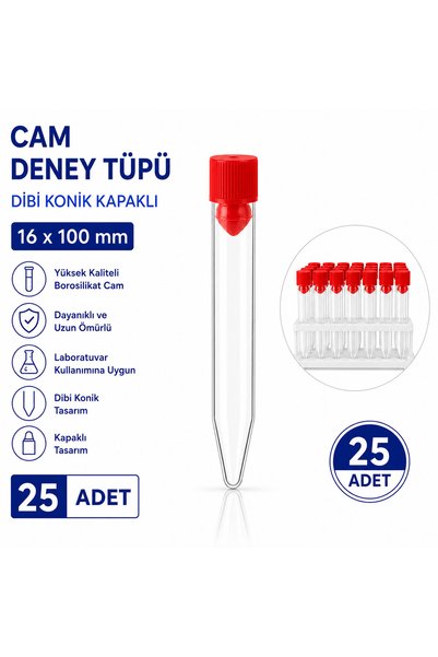 Labolist 16x100 Mm Cam Deney Tüpü Dibi Konik Kapaklı 25 Adet Laboratuvar Test...