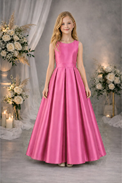 MadyaButik Rochie lungă din satin simplu, plisată, model Sudem, pentru fete, ...