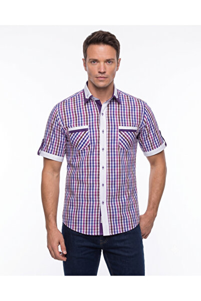 MAKROM Men's Purple Striped Checkered Short Sleeve Cotton Shirt - Double Pock...
