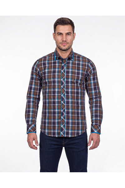 MAKROM Men's Brown Checkered Slim Fit 100% Cotton Casual Design Shirt