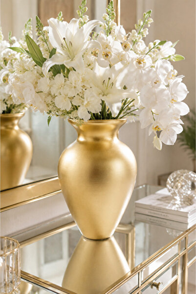 ANGDESİGN DEFNE Cam Vazo 25 Cm ••GOLD KAPLAMALI 6Y24007 •• Dekoratif Vazo Mod...