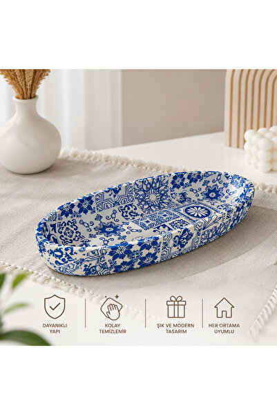 Violet Design El Yapımı Taş Tozu Dekoratif Oval Tabak - Mavi Beyaz Desenli Su...