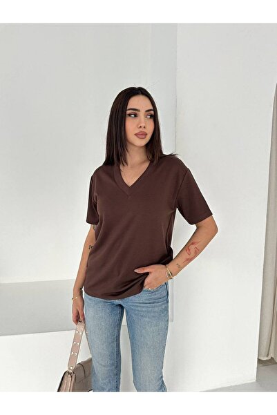 Noa&Noa V-Neck Basic T-Shirt-Brown Brown