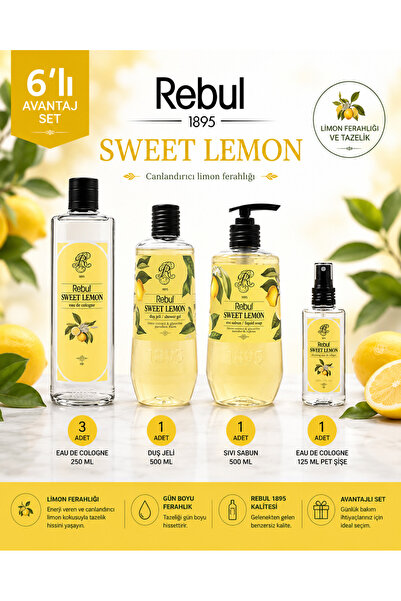Rebul Sweet Lemon 6’lı Set: 3x250ml Cam Şişeli Kolonya, 500ml Duş Jeli, 500ml...