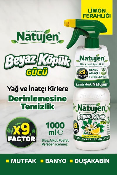 Natujen Genel Amaçlı Temizleyici Beyaz Köpük Gücü Limon Ferahlığı X9 Factor 1000 ml.
