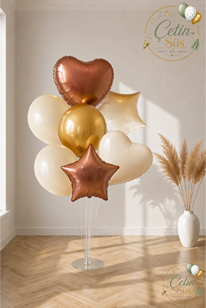 7'li Balon Standı ve Metalik Gold - Krem Balon, Krem - Kahve Kalp, Yıldız Folyo Balon Set
