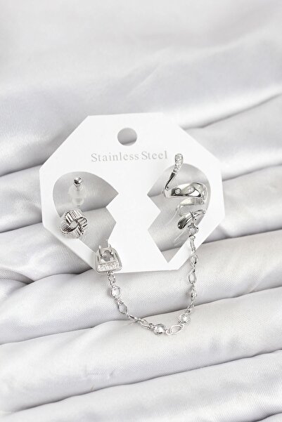 Inure Jewelry طقم أقراط على شكل ثعبان من النحاس الفضي اللون مع سلسلة متصلة