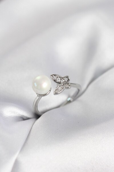 Inure Jewelry خاتم نسائي مرصع بحجر الزركون باللون الفضي موديل Kelebek Pearl
