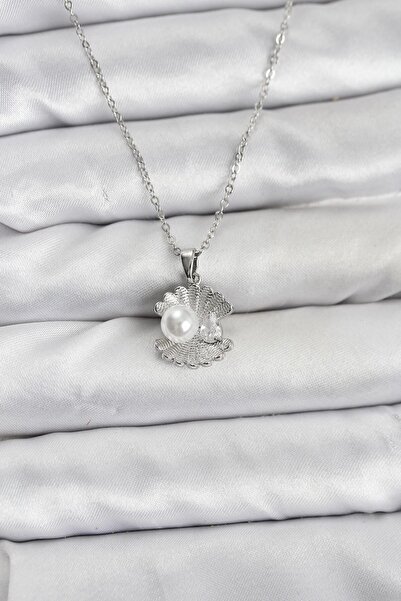 Inure Jewelry سلسلة فولاذية 316L فضية اللون موديل لؤلؤ المحار مع حجر الزركون ...